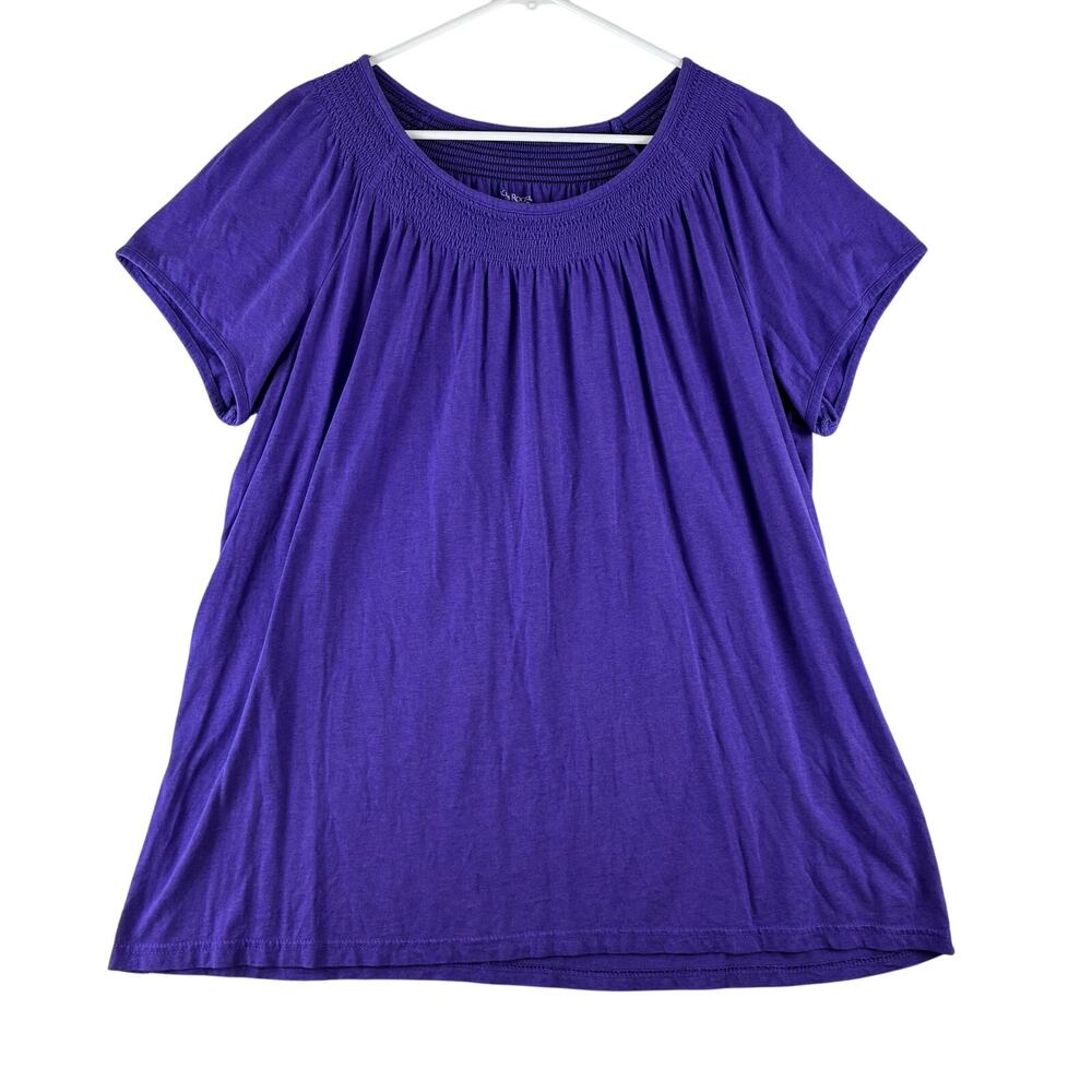 Kim Rogers Smock Neck Short Sleeve Blouse Women's 1X Royal Purple Cotton Modal